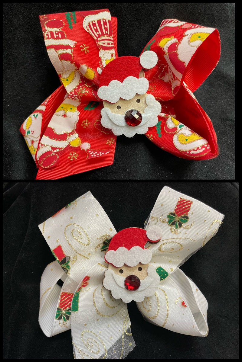 CHRISTMAS PRINT WITH GOLD GLITTER AND SANTA CENTER BOWS (ROUGHLY 6") - Lil Monkey Boutique