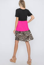 SHORT SLEEVE ROUND NECK SOLID AND ANIMAL LEOPARD PRINT CONTRAST DRESS WITH RUFFLED DETAIL - Lil Monkey Boutique