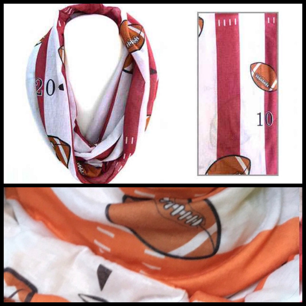 FOOTBALL INFINITY SCARF (COLORS ARE GREAT FOR TX LONGHORNS OR TX A&M) - Lil Monkey Boutique