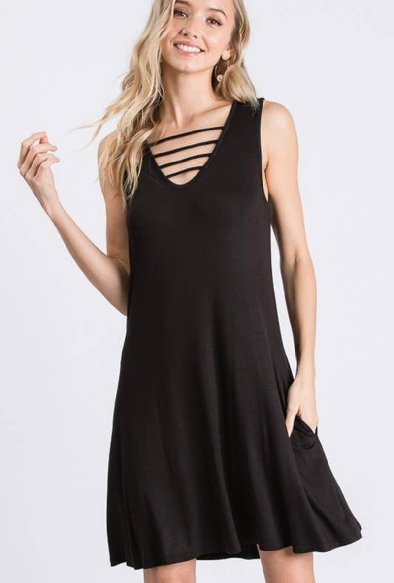 SLEEVELESS V NECK WITH BAR NECKLINE DETAIL SOLID DRESS WITH SIDE POCKET DETAIL - Lil Monkey Boutique
