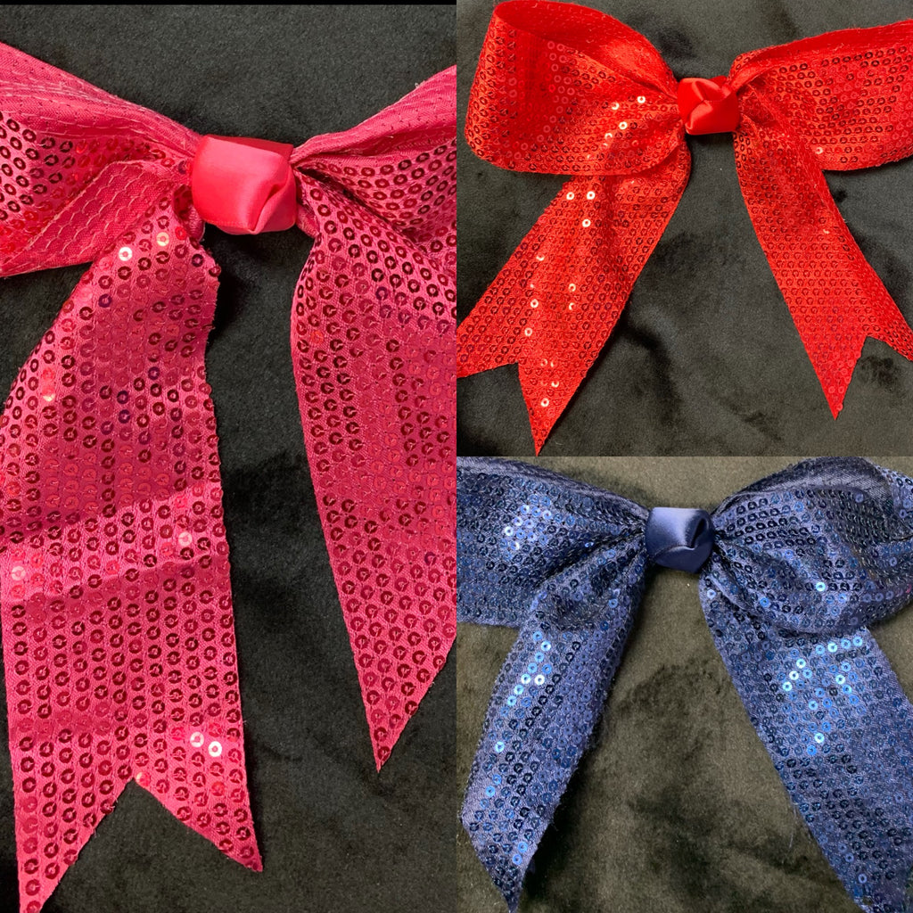 SEQUIN RIBBON BOWS W/TAILS (roughly 6”) - Lil Monkey Boutique
