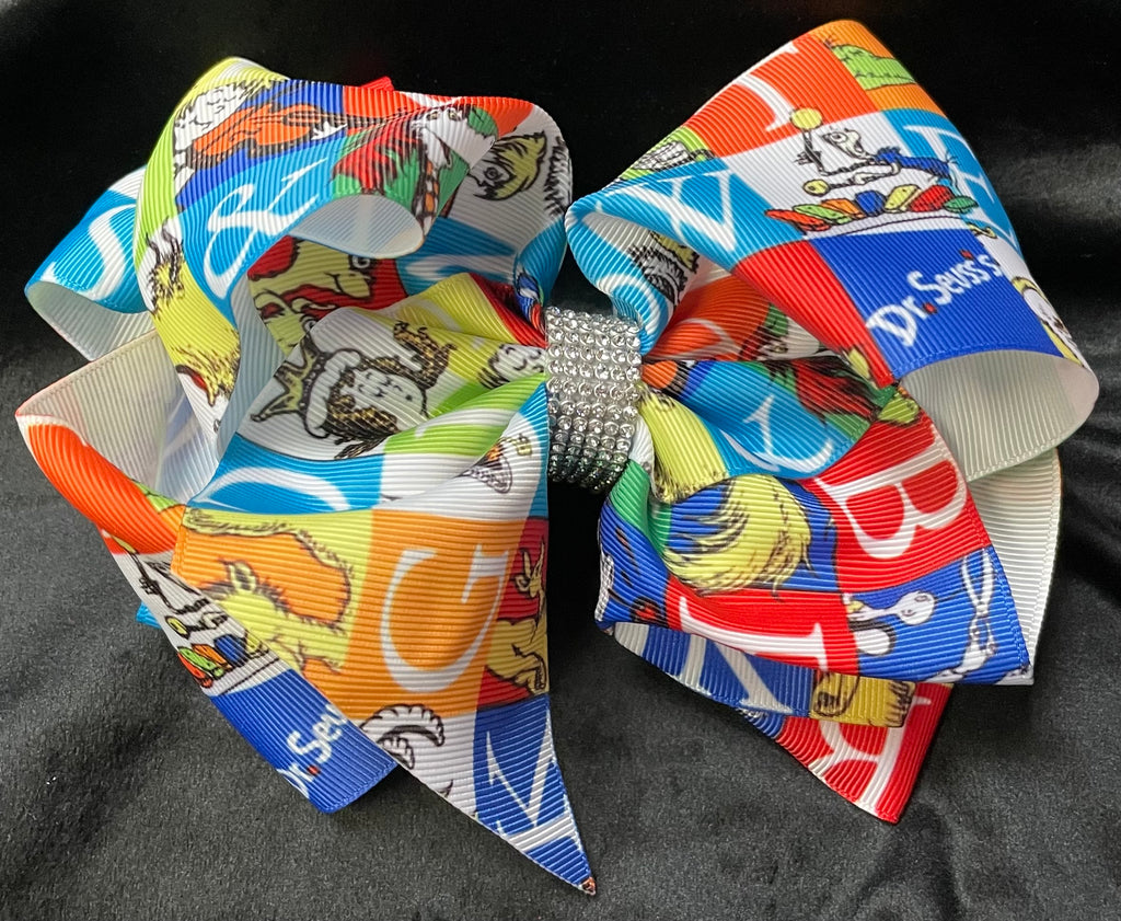 DR SEUSS ALPHABET PRINT BOWS WITH RHINESTONE CENTER (roughly 8”) - Lil Monkey Boutique