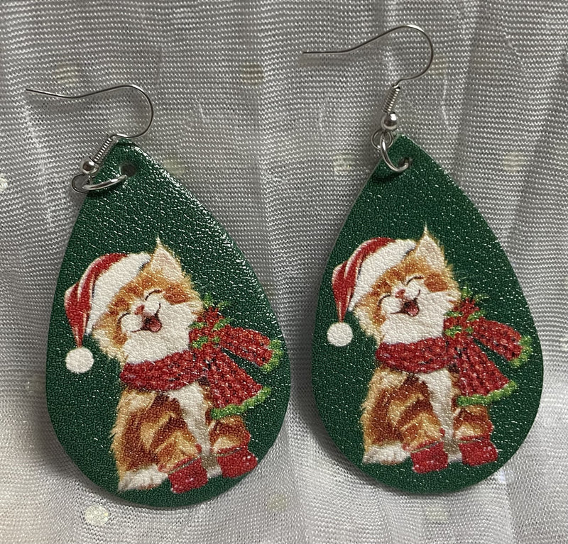 SANTA HAT SCARF AND KITTEN ON GREEN FAUX LEATHER TEARDROP EARRINGS (PRINTED ON BOTH SIDES) - Lil Monkey Boutique