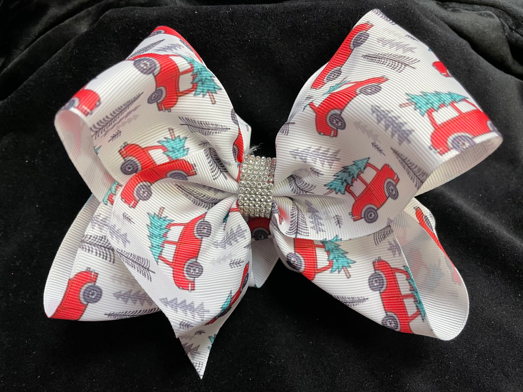 CHRISTMAS OLD TRUCK AND TREE PRINT DOUBLE LAYER BOW WITH RHINESTONE CENTER (roughly 8”) - Lil Monkey Boutique