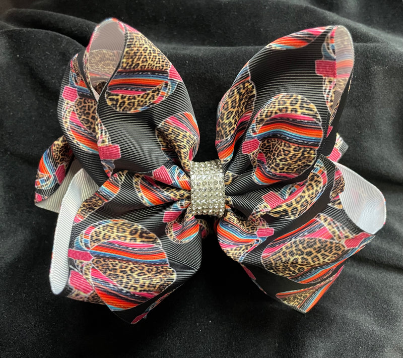 LEOPARD SERAPE PUMPKIN PRINT DOUBLE LAYER BOW WITH RHINESTONE CENTER (roughly 8”) - Lil Monkey Boutique