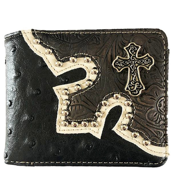 MENS WESTERN BIFOLD WALLET WITH CROSS CONCHO - Lil Monkey Boutique