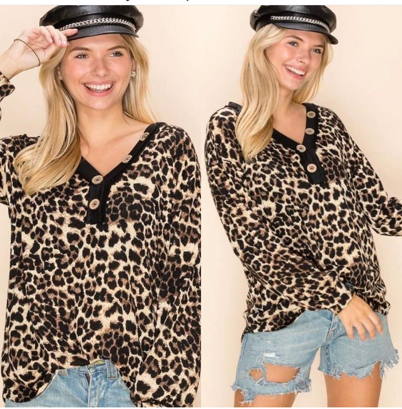 LEOPARD V-NECK WITH BUTTONS - Lil Monkey Boutique