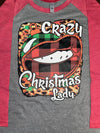 CRAZY CHRISTMAS LADY ON BLACK SLEEVE RAGLAN CUSTOM SHIRT - Lil Monkey Boutique