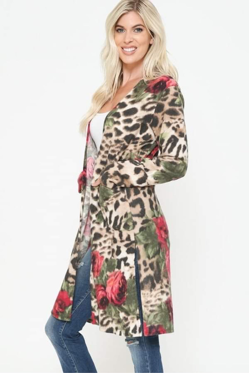 RED FLORAL KIMONO WITH LEOPARD PRINT & POCKETS - Lil Monkey Boutique
