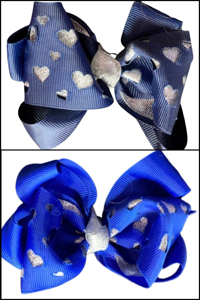 DOUBLE LAYER SILVER HEART CUTOUT BOWS (roughly 4in) - Lil Monkey Boutique