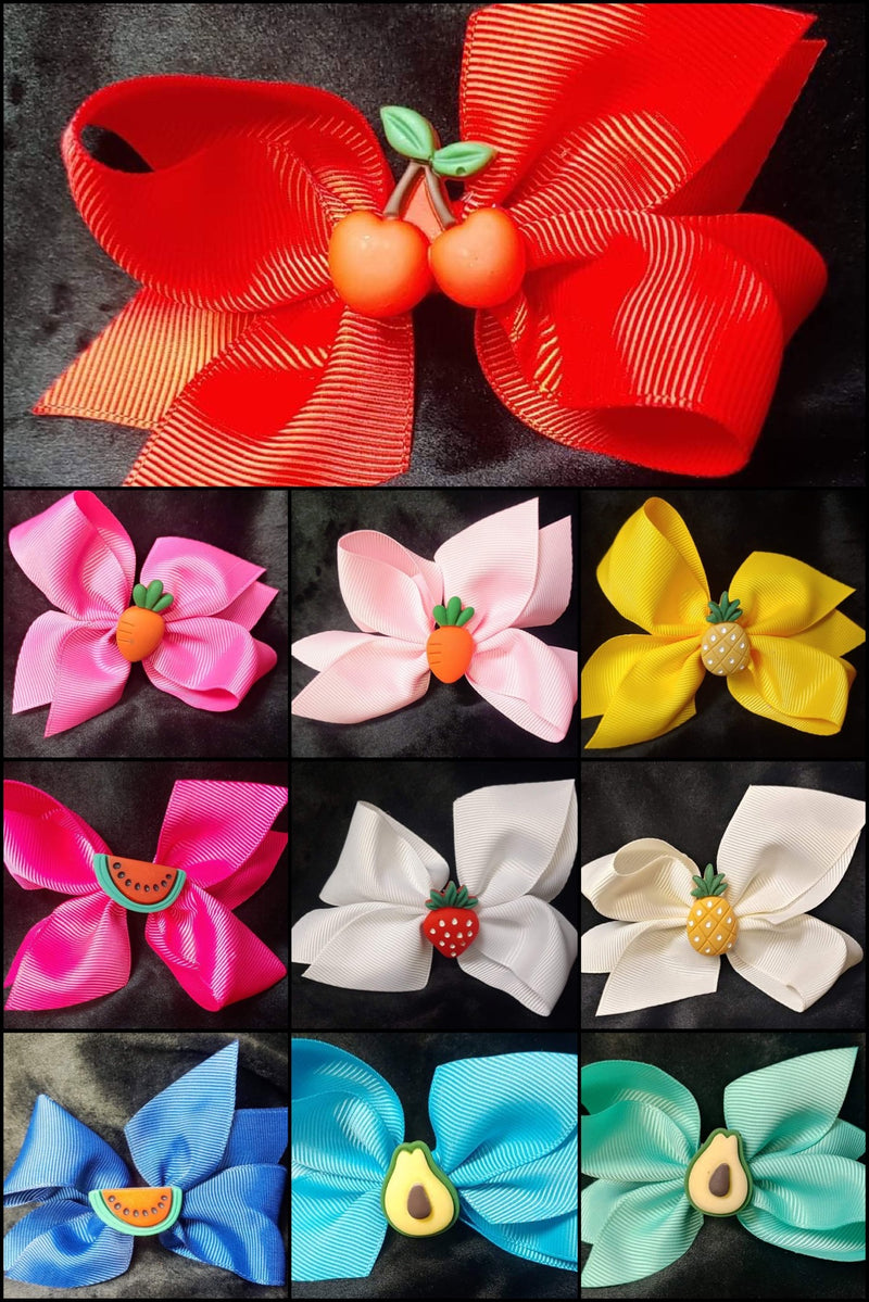 CHERRIES PINEAPPLE STRAWBERRY WATERMELON CARROTS OR AVACADO CENTER SOLID COLOR BOWS (ROUGHLY 4") - Lil Monkey Boutique