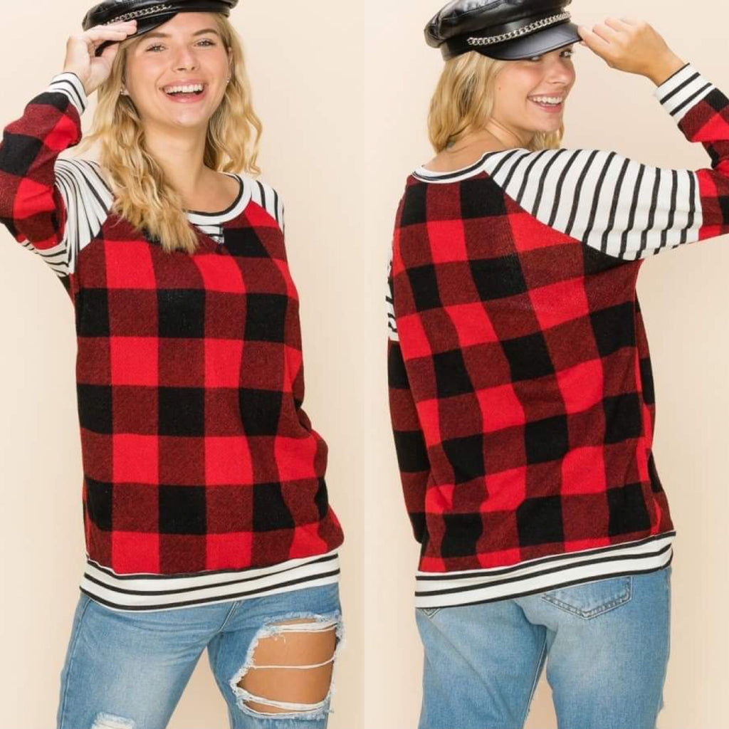 LONG SLEEVE BUFFALO PLAID WITH STRIPES SWEATER - Lil Monkey Boutique