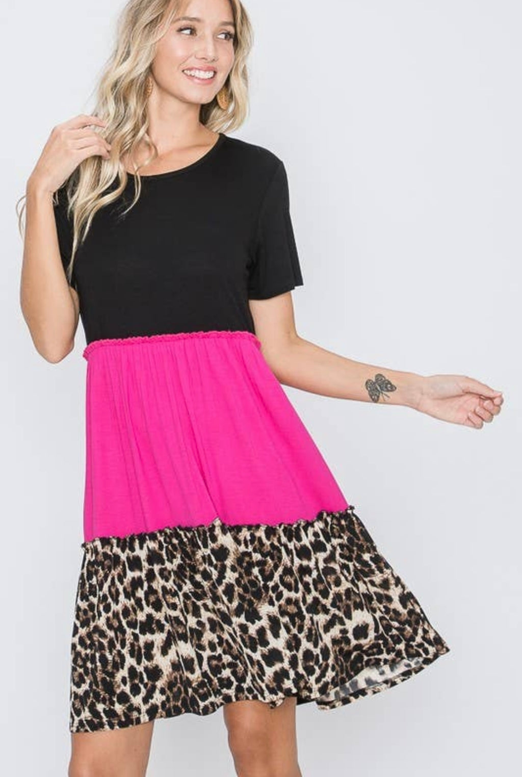 SHORT SLEEVE ROUND NECK SOLID AND ANIMAL LEOPARD PRINT CONTRAST DRESS WITH RUFFLED DETAIL - Lil Monkey Boutique