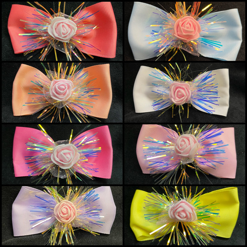 SOLID COLOR ROSE BOWS WITH TINSLE CENTER (ROUGHLY 4”) - Lil Monkey Boutique
