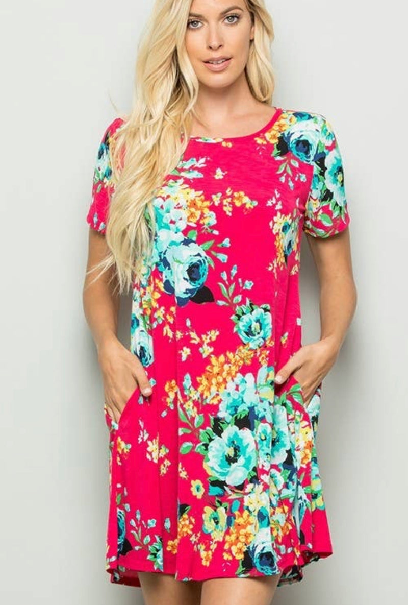 SHORT SLEEVE ROUND NECK MULTI COLOR FLORAL PRINT DRESS WITH SIDE POCKET DETAIL (Or Blouse with Leggings Wear it your way!) - Lil Monkey Boutique