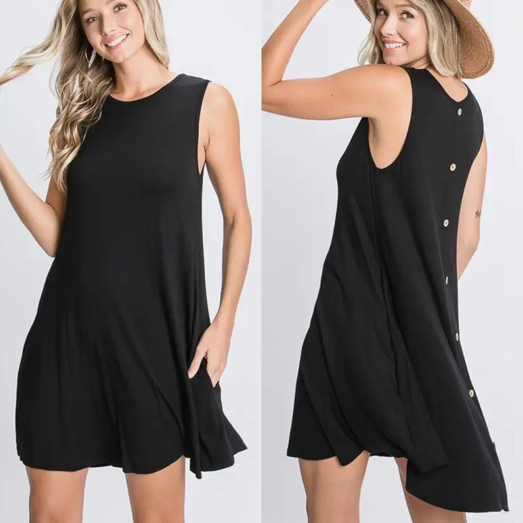 SLEEVELESS ROUND NECK SOLID DRESS WITH BUTTON BACK AND SIDE POCKET DETAIL - Lil Monkey Boutique