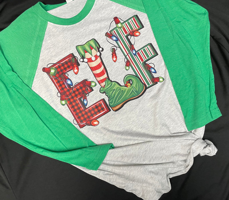 CUSTOM ELF CHRISTMAS ON GREEN SLEEVE RAGLAN SHIRT - Lil Monkey Boutique