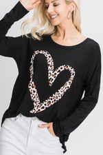 LONG SLEEVE ROUND NECK SOLID TOP WITH LEOPARD PRINTED VALENTINE HEART DETAIL - Lil Monkey Boutique
