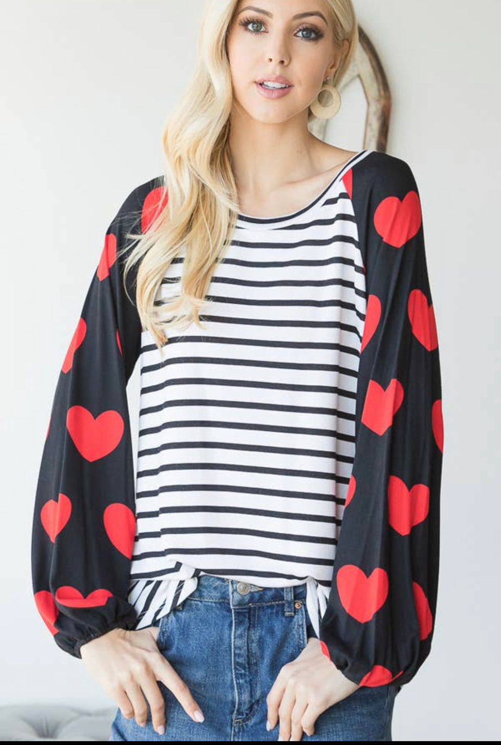 STRIPED SWEATER WITH RED HEARTS SLEEVE - Lil Monkey Boutique