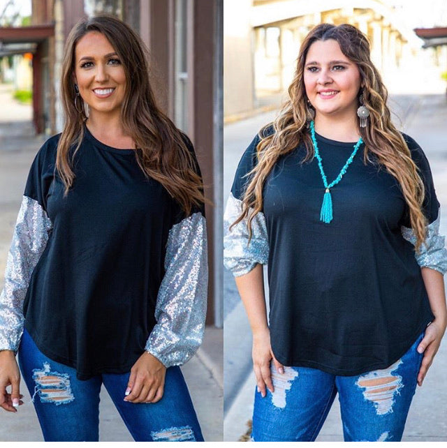 LONG SLEEVE BLOUSE WITH SEQUINED SLEEVES - Lil Monkey Boutique