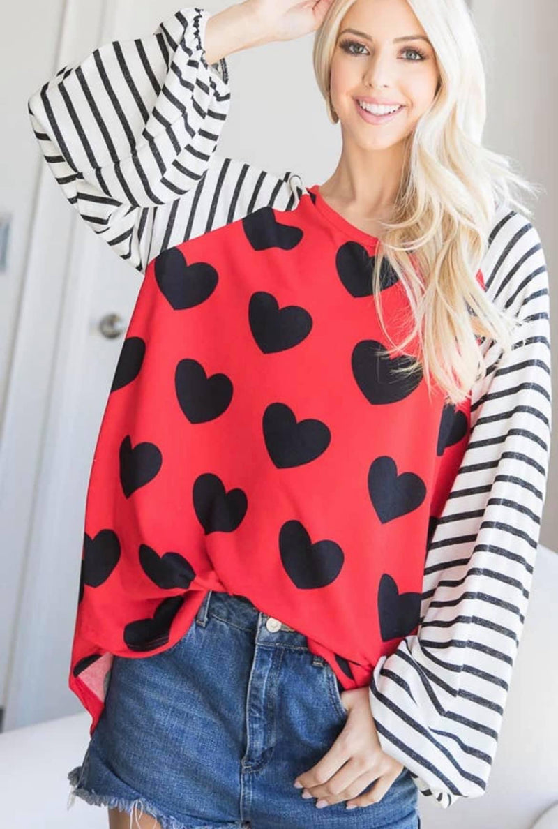 RED BODY WITH BLACK HEARTS AND STRIPED SLEEVE BLOUSE - Lil Monkey Boutique