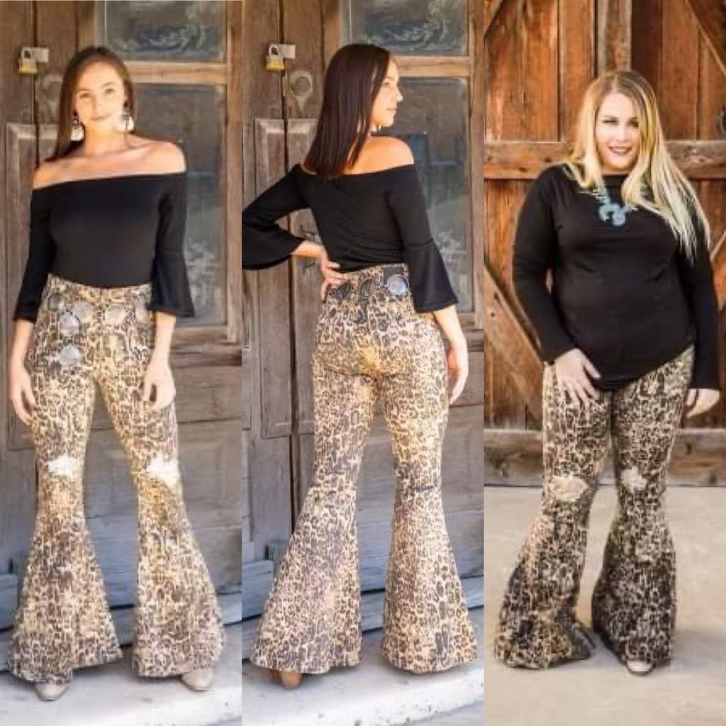 BROWN LEOPARD WITH ROSE GOLD SEQUIN KNEE PATCH FLARE JEANS - Lil Monkey Boutique