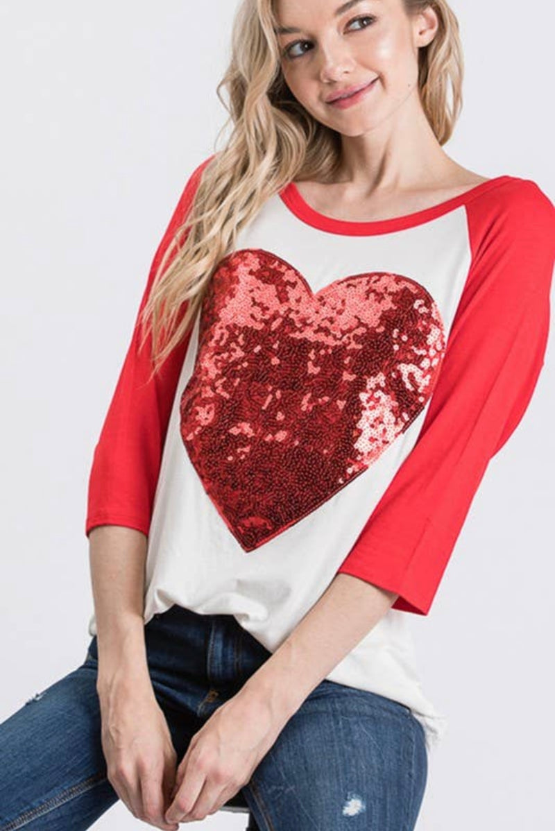 RED SEQUIN HEART DETAIL 3/4 SLEEVE RAGLAN TOP - Lil Monkey Boutique