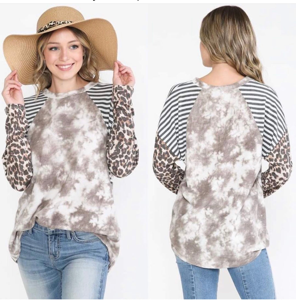 MARBLED TAN LEOPARD STRIPED SLEEVE BLOUSE - Lil Monkey Boutique