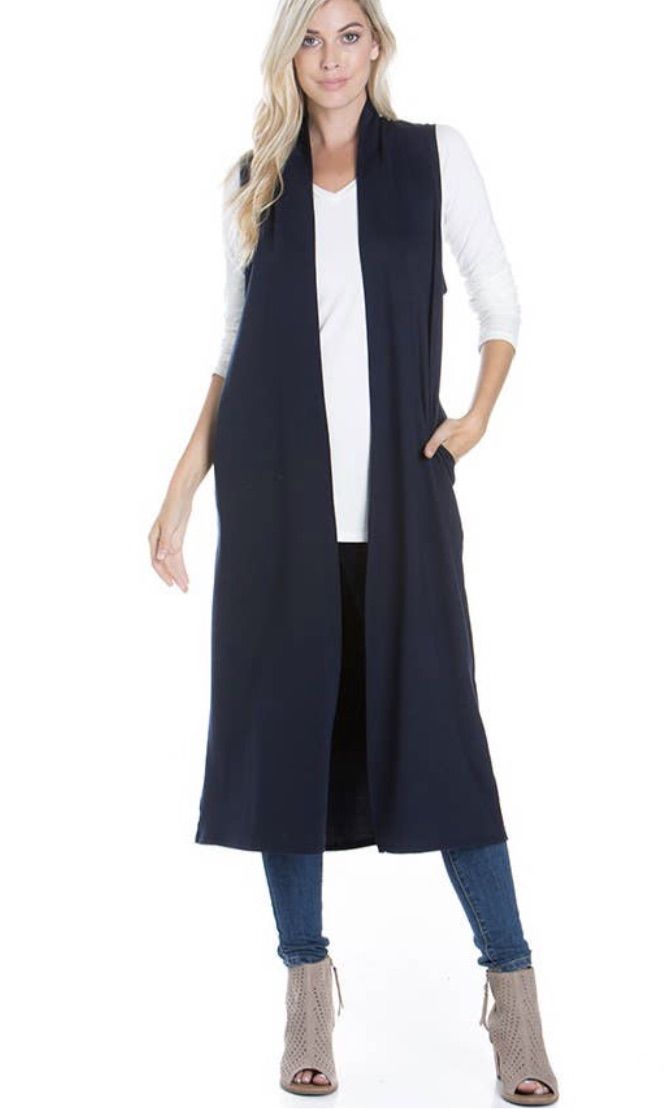 NAVY LONG CARDIGAN WITH POCKETS - Lil Monkey Boutique