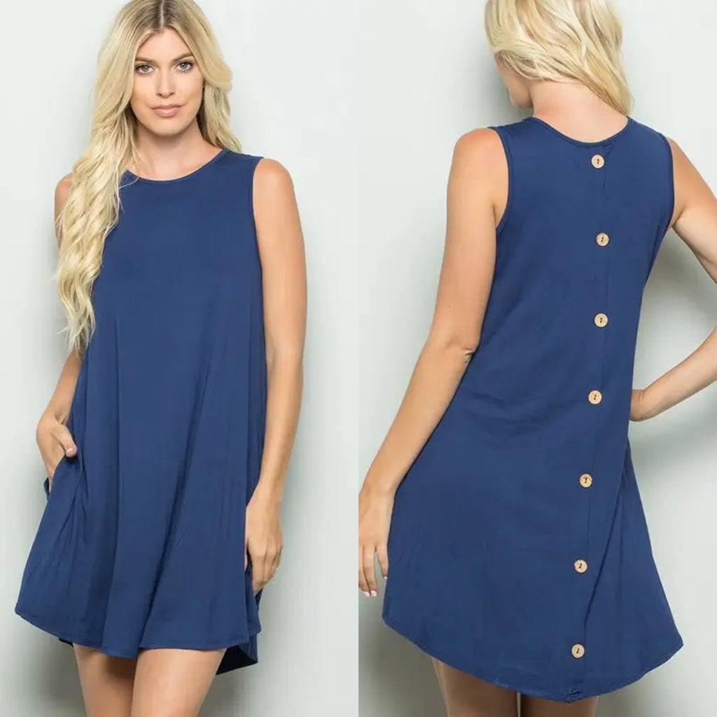 SLEEVELESS ROUND NECK SOLID DRESS WITH BUTTON BACK AND SIDE POCKET DETAIL - Lil Monkey Boutique
