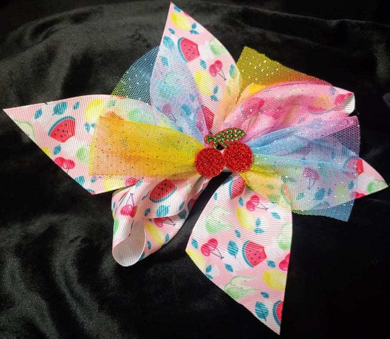BLING CHERRIES PINEAPPLE STRAWBERRY WATERMELON OR AVACADO CENTER BOWS WITH TULLE (ROUGHLY 8") - Lil Monkey Boutique