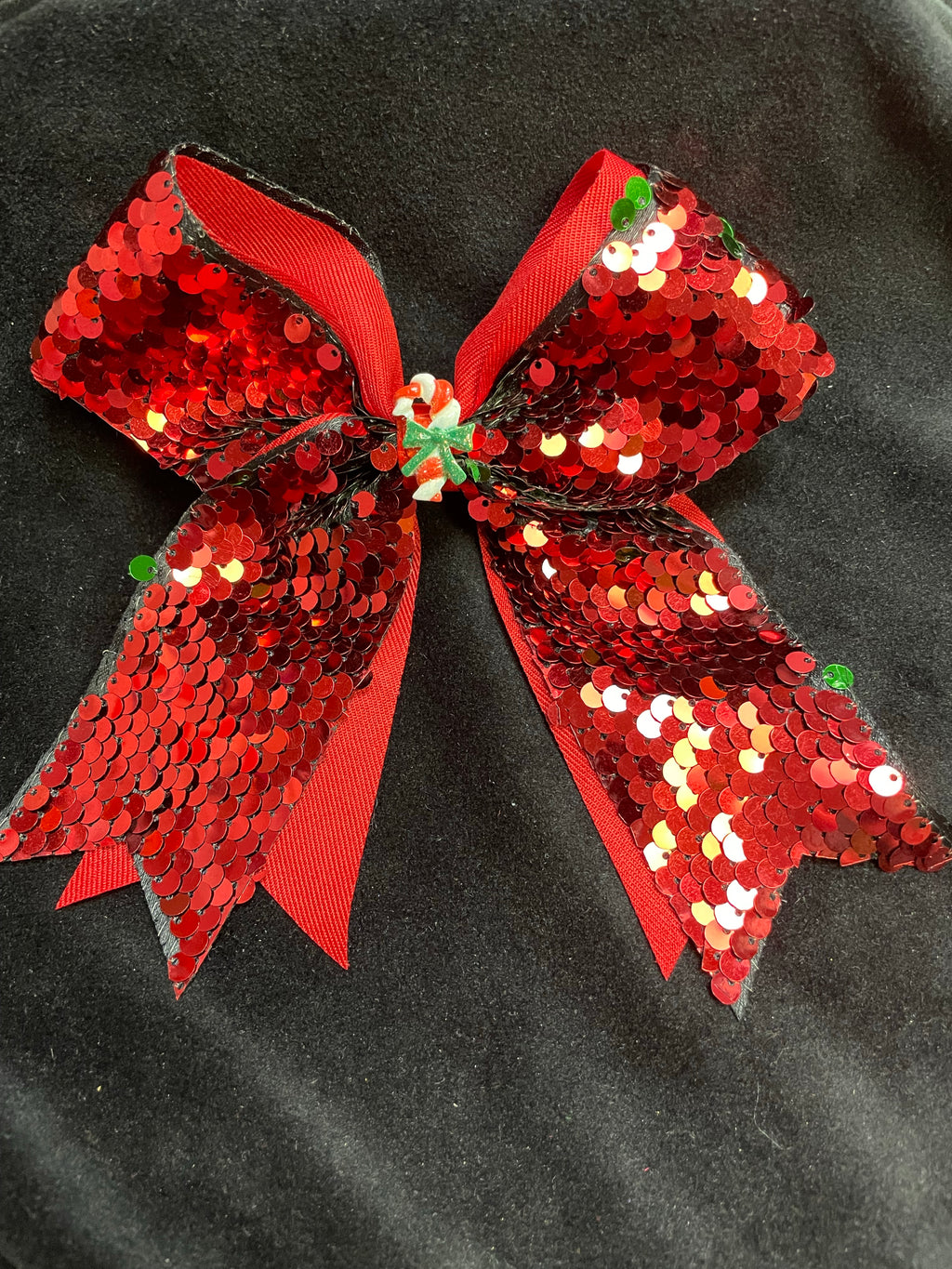 CHRISTMAS CANDY CANE RED SEQUIN BOW WITH TAILS - Lil Monkey Boutique