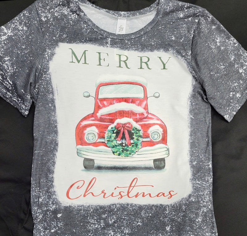 CUSTOM MERRY CHRISTMAS TRUCK ON BLEACHED SHORT SLEEVE SHIRT - Lil Monkey Boutique