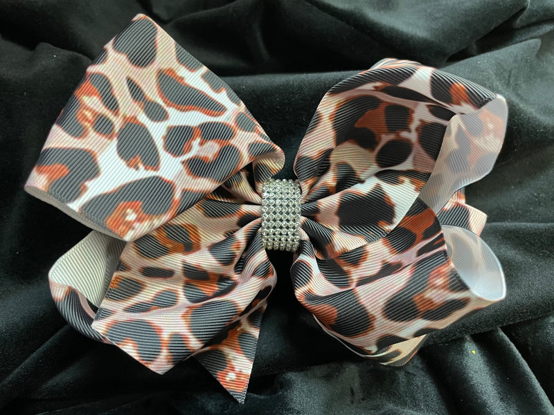 LEOPARD PRINT DOUBLE LAYER BOW WITH RHINESTONE CENTER (roughly 8”) - Lil Monkey Boutique