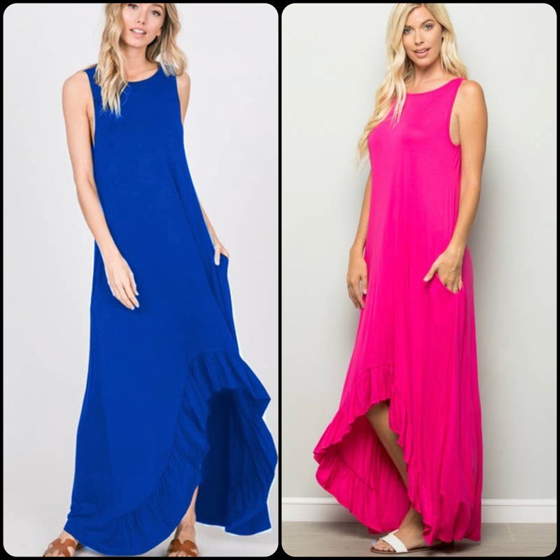 SLEEVELESS ROUND NECK SOLID HI LOW MAXI DRESS WITH RUFFLED AND SIDE POCKET DETAIL - Lil Monkey Boutique