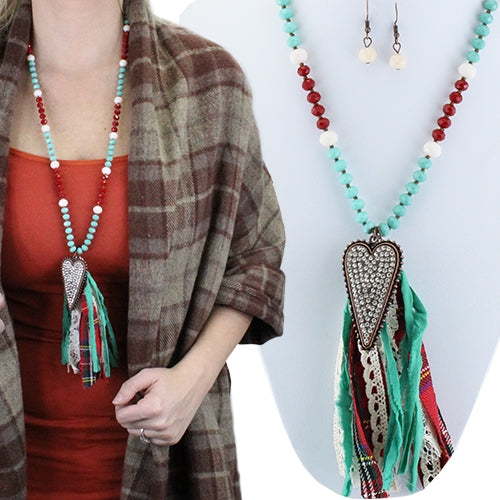 TURQUOISE RED WHITE BEADED NECKLACE WITH PLAID & LACE TASSEL & RHINESTONE HEART PENDANT - Lil Monkey Boutique