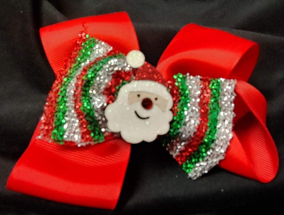 DOUBLE LAYER STRIPED CHRISTMAS BOW WITH SANTA CENTER (ROUGHLY 5 1/2") - Lil Monkey Boutique
