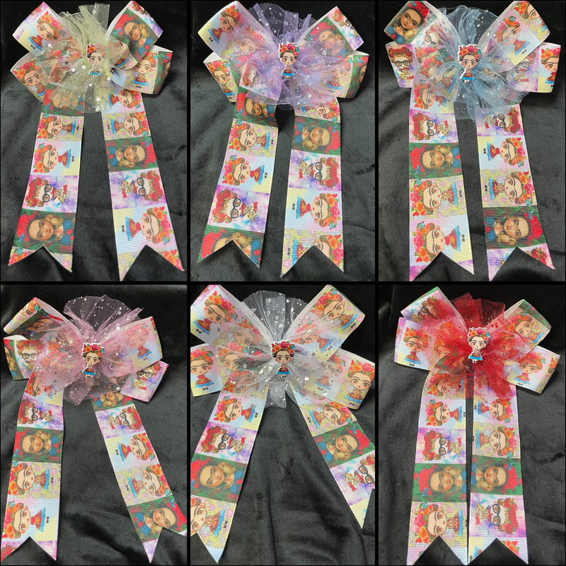LARGE FRIDA CENTER AND PRINT BOWS WITH TAILS (ROUGHLY 8”) - Lil Monkey Boutique