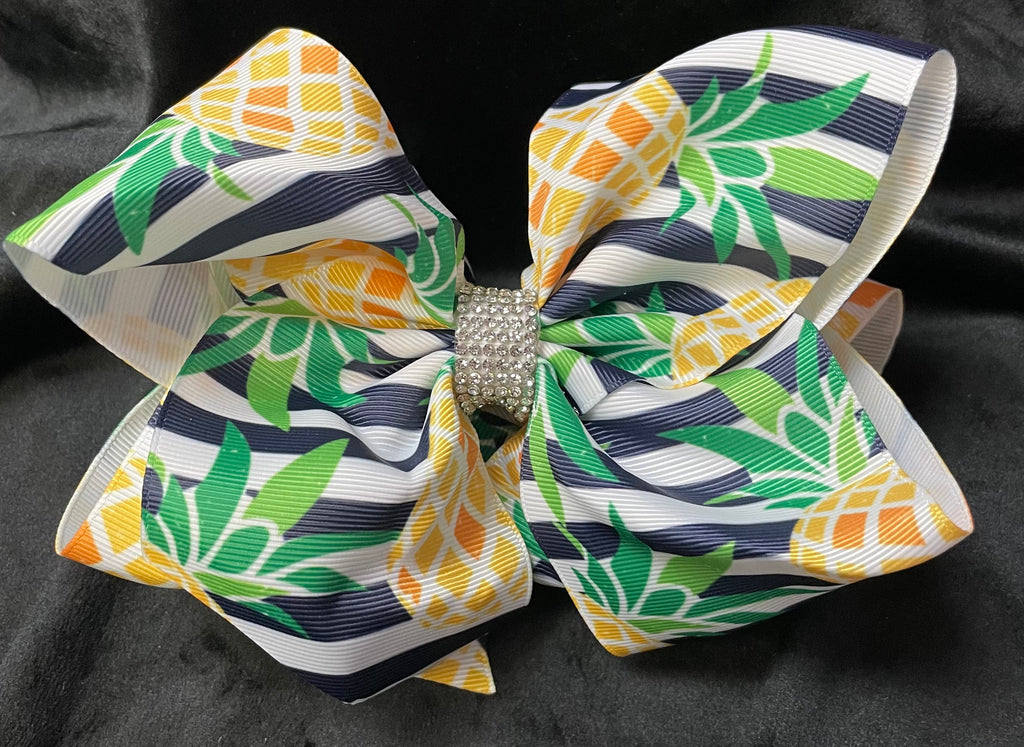 PINEAPPLE PRINT BOWS WITH RHINESTONE CENTER  (roughly 8”) - Lil Monkey Boutique