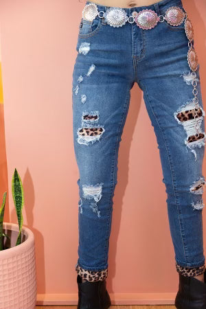 MID RISE SKINNY JEANS W LEOPARD PATCHES - Lil Monkey Boutique