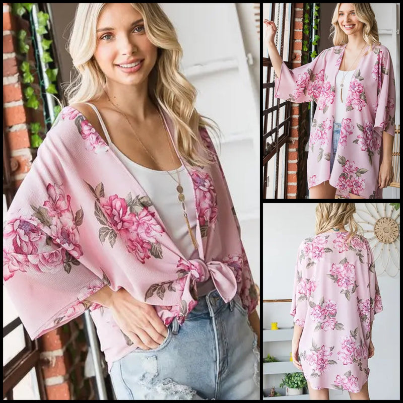 THREE QUARTER SLEEVE FLORAL PRINT OPEN CARDIGAN WITH SELF TIE DETAIL - Lil Monkey Boutique