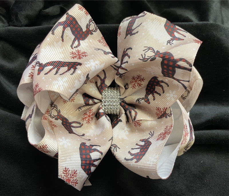 BUFFALO PLAID ANIMAL PRINT DOUBLE LAYER BOW WITH RHINESTONE CENTER (roughly 8”) - Lil Monkey Boutique