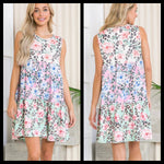 SLEEVELESS ROUND NECK MULTI COLOR FLORAL DRESS WITH RUFFLED DETAIL - Lil Monkey Boutique