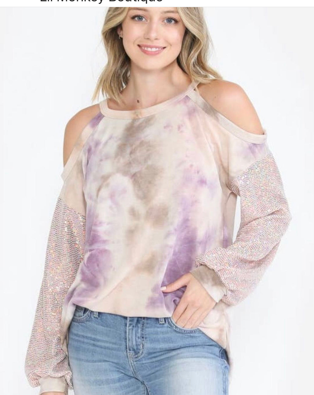 BLUSH TIE DYE OPEN SHOULDER WITH ROSE GOLD BLING SLEEVES - Lil Monkey Boutique