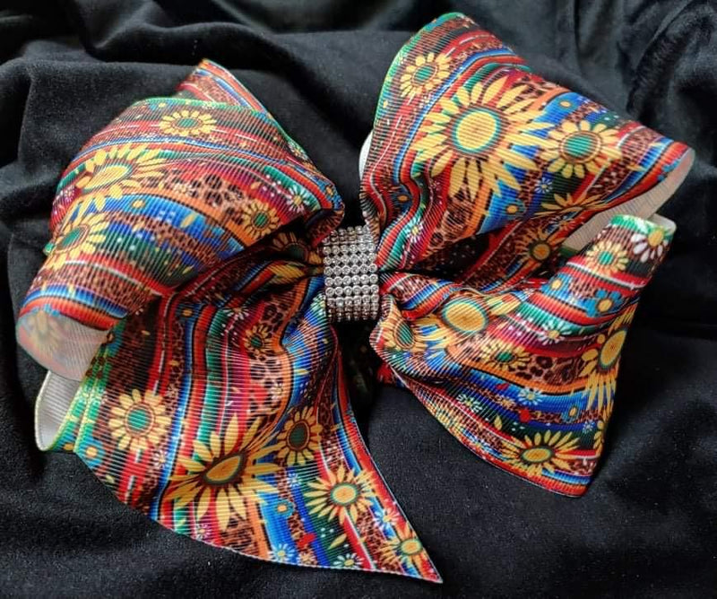 FLORAL PRINT DOUBLE LAYER BOW WITH RHINESTONE CENTER (ROUGHLY 8”) - Lil Monkey Boutique