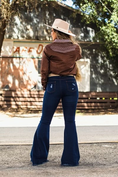 DARK WASH MID RISE FLARE JEANS - Lil Monkey Boutique