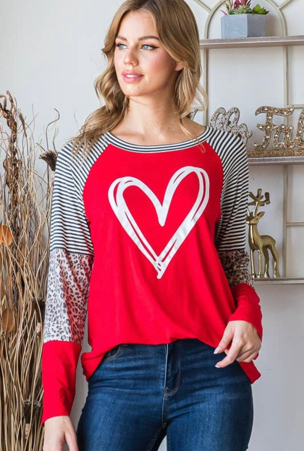 LONG SLEEVE ROUND NECK SOLID TOP WITH HEART SHAPE, LEOPARD DETAIL AND STRIPE CONTRAST - Lil Monkey Boutique