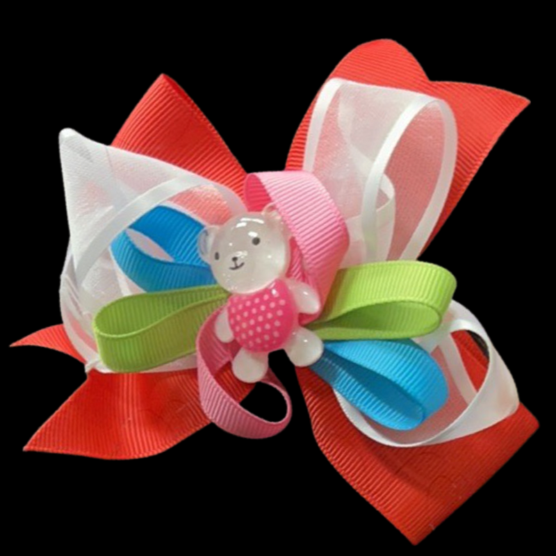TEDDY BEAR BOW W/ WHITE RIBBON (roughly 4in) - Lil Monkey Boutique