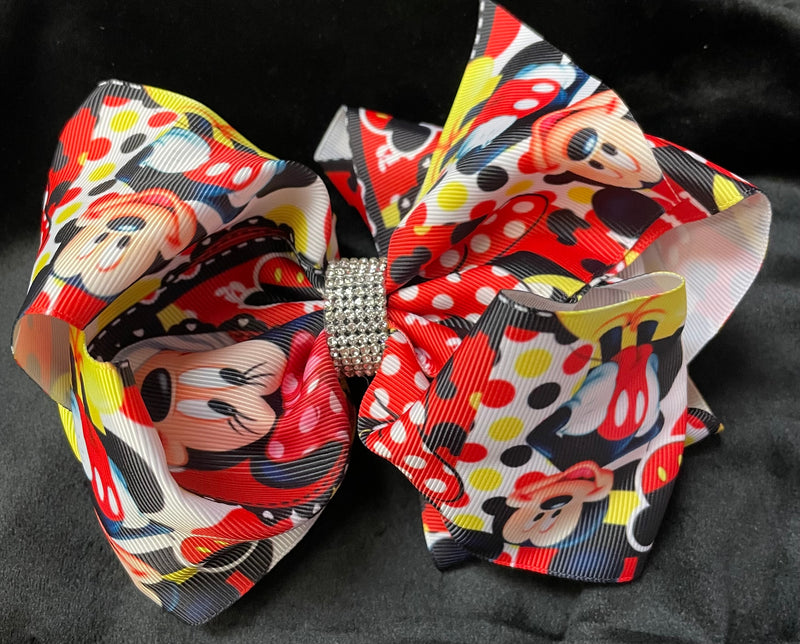 MICKEY & MINNIE MOUSE PRINT BOWS WITH RHINESTONE CENTER (roughly 8”) - Lil Monkey Boutique