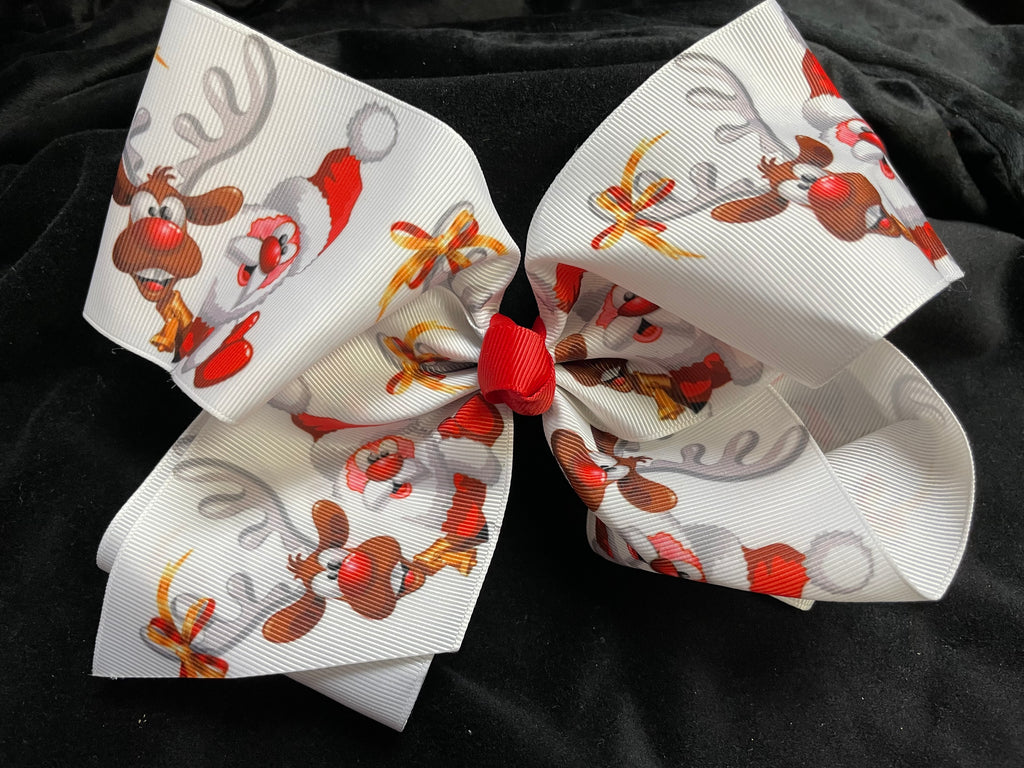 HUGE CHRISTMAS SANTA & RUDOLPH PRINT BOW (roughly 8”) - Lil Monkey Boutique